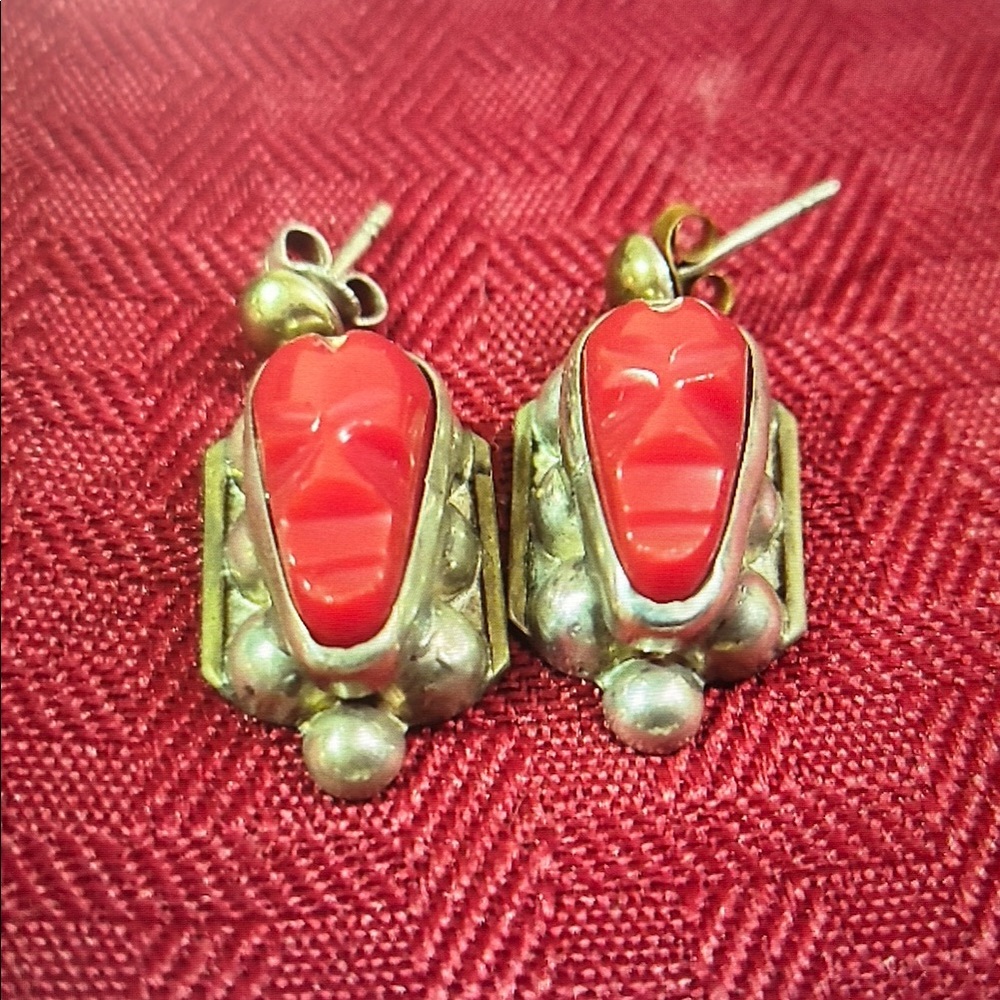 Sterling silver/red stone vintage tribal earrings